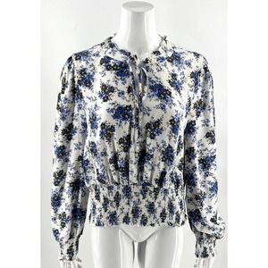 Cult of Design Top Sz L White Blue Yellow Floral Tie Neck Peasant Shirred Blouse